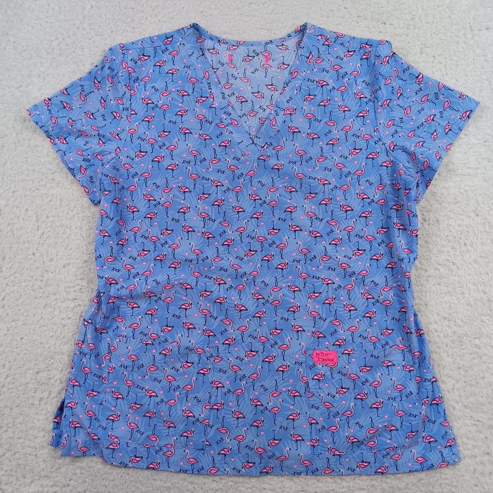 Betsey Johnson Scrub Top Flamingo Print Blue V-Neck Stretch B114PR